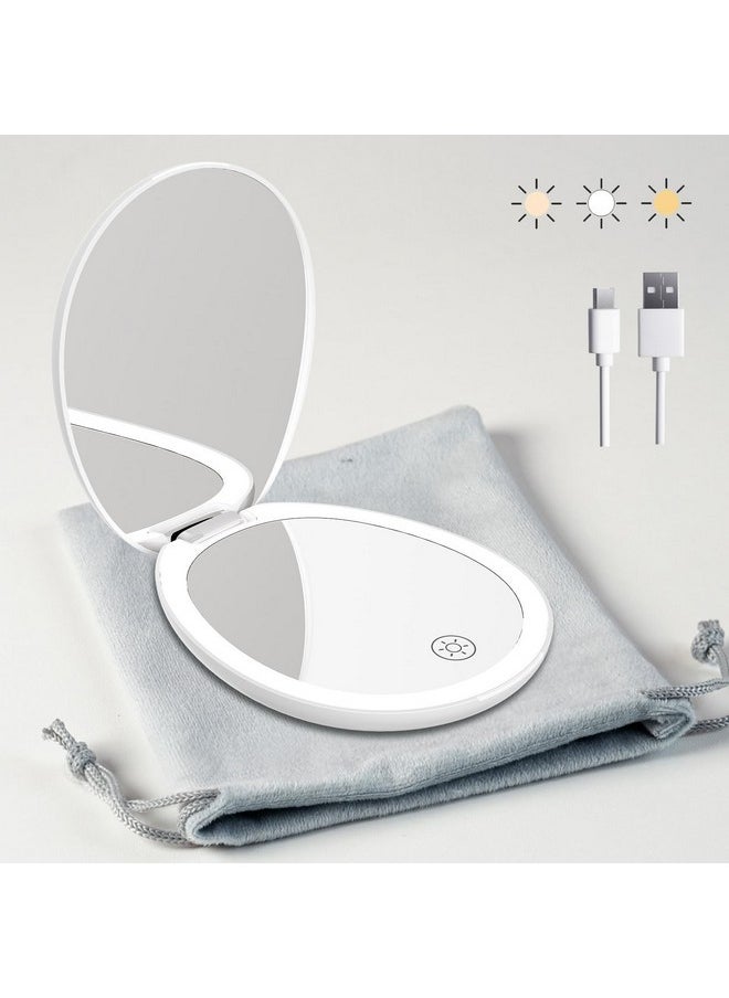 FUNTOUCH Travel Makeup Mirror With Light,Led Small Purse Compact Mirror With Light,Lighted Compact 10X Magnifying Mirror, 2-Sided, 3 Color Lights Small Makeup Cosmetic Mirror With Bag  - Image 1