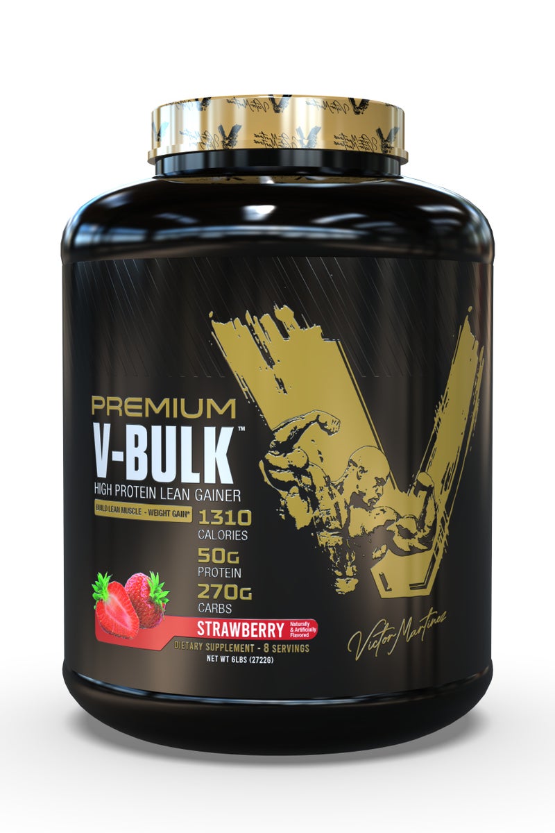 V-Bulk Mass Gainer Powder - Strawberry Flavor - 6lb (2.72kg) - 50 g Protein Per Serving - 8 Servings - for Muscle Growth & Recovery