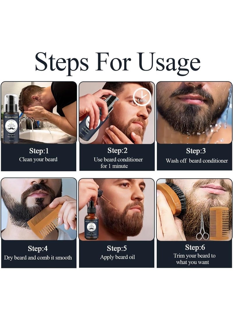 Azulmart - Beard Growth Kit 12Pcs, Beard Care Beard Grooming Set Include 2Pack Beard Wash, Beard Oil, Beard Conditioner, Brush Comb, Mustache Scissors, Balm Storage Bag Gift for Boyfriend Husband Father - Image 1