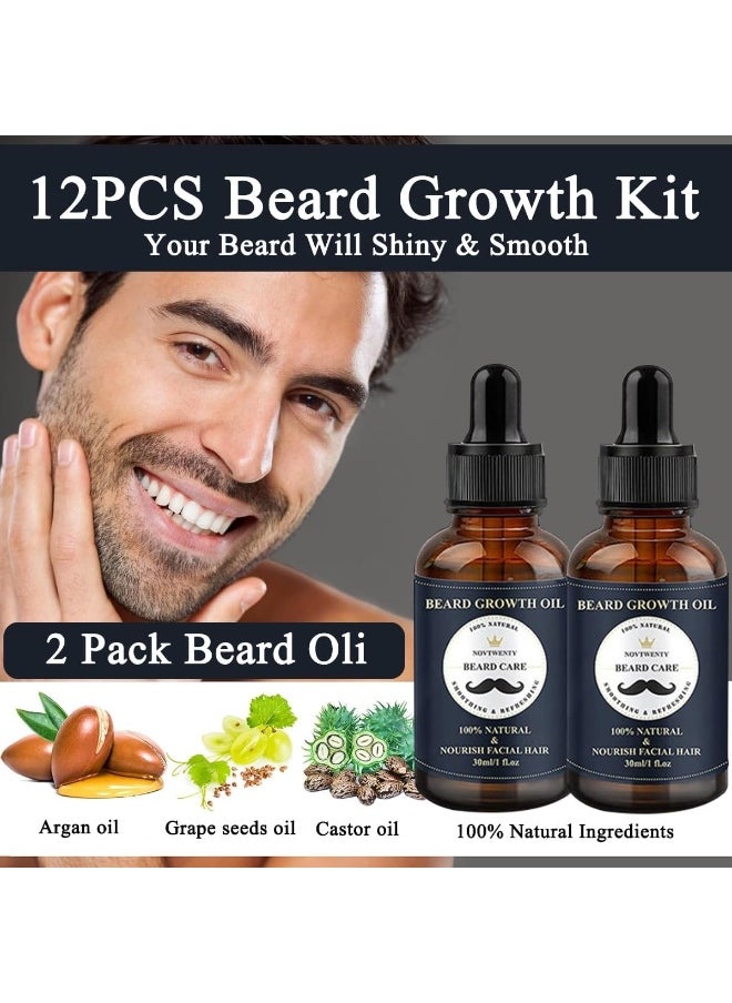 Azulmart - Beard Growth Kit 12Pcs, Beard Care Beard Grooming Set Include 2Pack Beard Wash, Beard Oil, Beard Conditioner, Brush Comb, Mustache Scissors, Balm Storage Bag Gift for Boyfriend Husband Father - Image 1