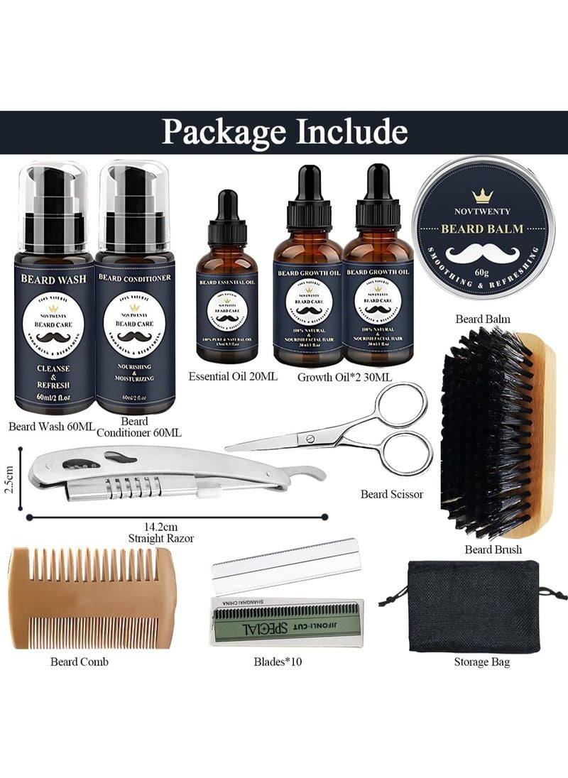 Azulmart - Beard Growth Kit 12Pcs, Beard Care Beard Grooming Set Include 2Pack Beard Wash, Beard Oil, Beard Conditioner, Brush Comb, Mustache Scissors, Balm Storage Bag Gift for Boyfriend Husband Father - Image 1