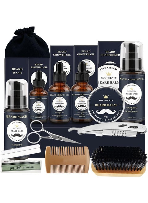 Beard Growth Kit 12Pcs, Beard Care Beard Grooming Set Include 2Pack Beard Wash, Beard Oil, Beard Conditioner, Brush Comb, Mustache Scissors, Balm Storage Bag Gift for Boyfriend Husband Father