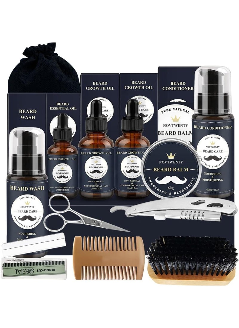 Azulmart - Beard Growth Kit 12Pcs, Beard Care Beard Grooming Set Include 2Pack Beard Wash, Beard Oil, Beard Conditioner, Brush Comb, Mustache Scissors, Balm Storage Bag Gift for Boyfriend Husband Father - Image 1