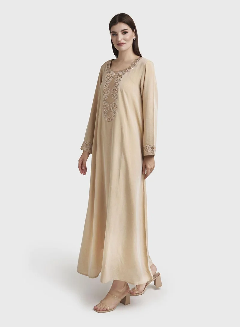 Kashkha  Beige Colour Machine Embroidered Jalabiya (VG2968) for Women | Best Price UAE