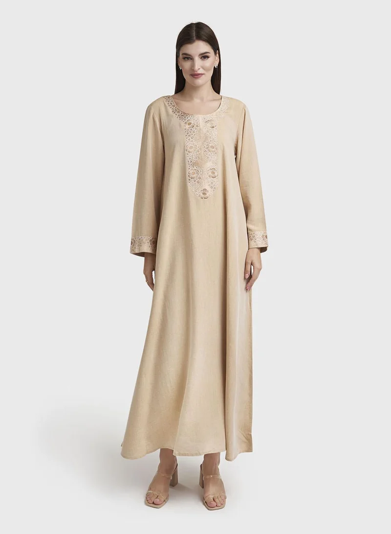 كشخة Beige Colour Machine Embroidered Jalabiya (VG2968)