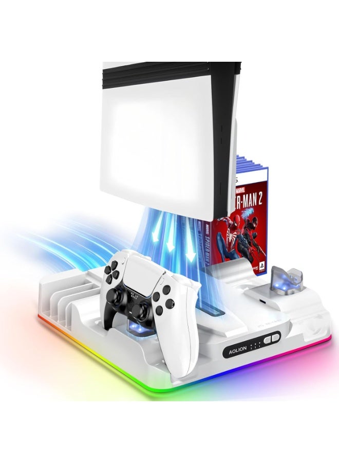 M.A&F's PS5/Slim/Pro Stand with Cooling Station, Controller Charging Station and RGB LED, Playstation 5/Slim/Pro Disc/Digital Console Stand Accessories, Cooling Fan, Game Slot, Usb Charging - Image 1