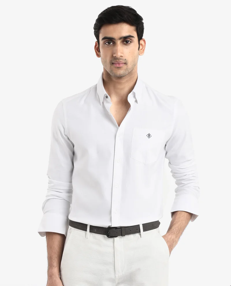 Rare Rabbit Rare Rabbit Men's Oxfom White Cotton Polyester Fabric Full Sleeves Button Down Collar Regular Fit Plain Formal Shirt