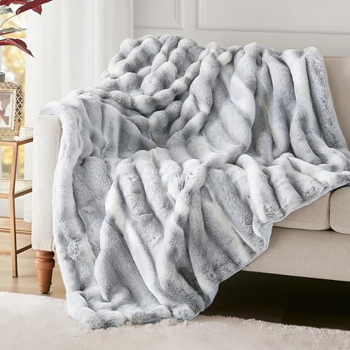 Hyde Lane Luxury Fluffy Faux Rabbit Fur Throw Blanket Ultra Soft Cozy Blankets for Sofa Couch Bedroom Warm Thick Fuzzy Throws As a Gift Snow Lynx 50x60