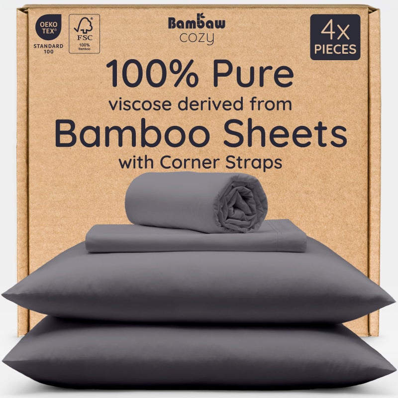 Bambaw 100 Viscose Derived from Bamboo Sheets Queen Size Set 4pcs Cooling Sheet Set Super Soft Sheets Queen Size Luxury Bed Sheets Deep Pocket Fits Up to 16 Mattresses Charcoal