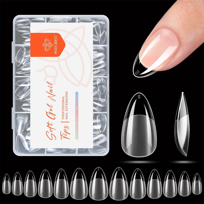 modelones Short Almond Nail Tips, Pre-shaped Soft Gel Tips Fake Nails False Acrylic Clear Full Cover Press on Extension Kit Gel Manicure DIY at Home 216PCS 12Sizes - Image 1