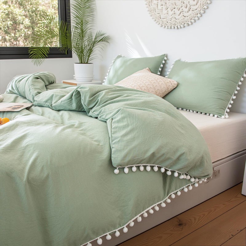Bedbay Sage Green King Size Pom Pom Comforter Set Green Bedding Farmhouse Boho Comforter Set 3 Pieces 100 Washed Microfiber Soft Lightweight Fluffy Comforter King Bed Set