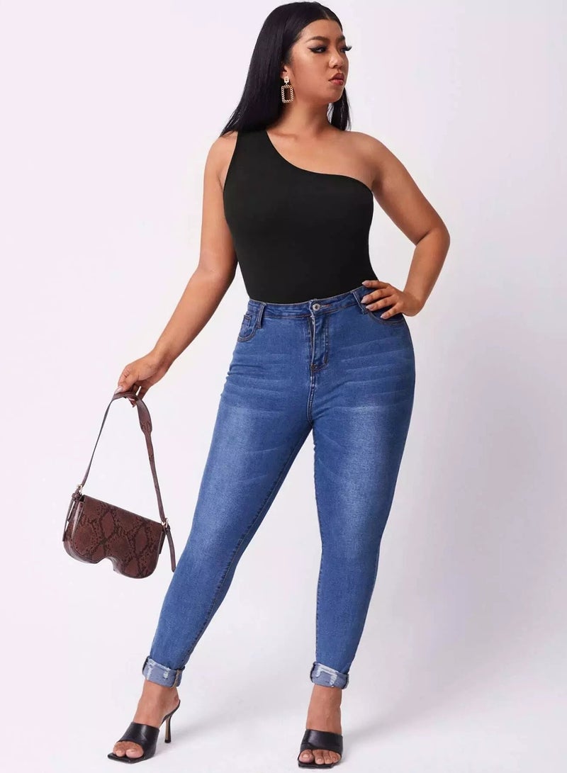 Plus Solid One Shoulder Bodysuit - Image 5