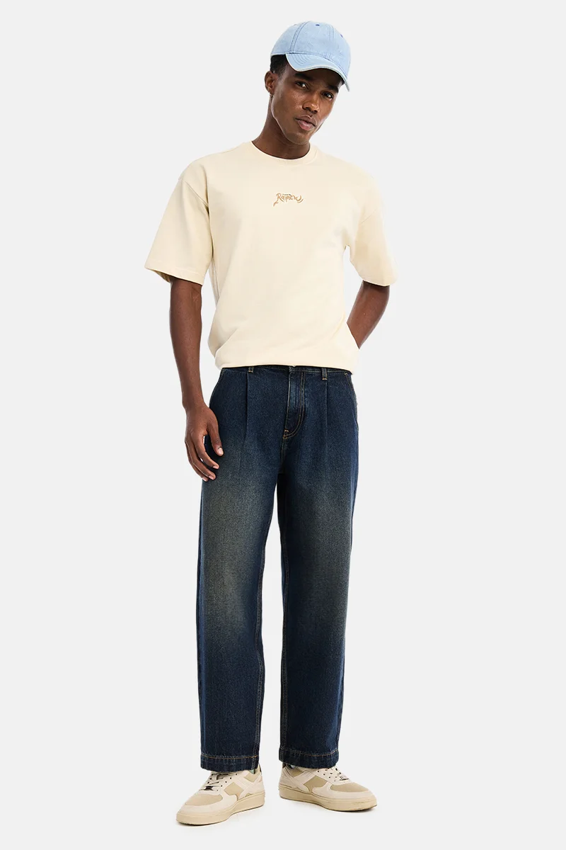 SNITCH Dark Blue Solid Loose Fit Streetwear Jeans