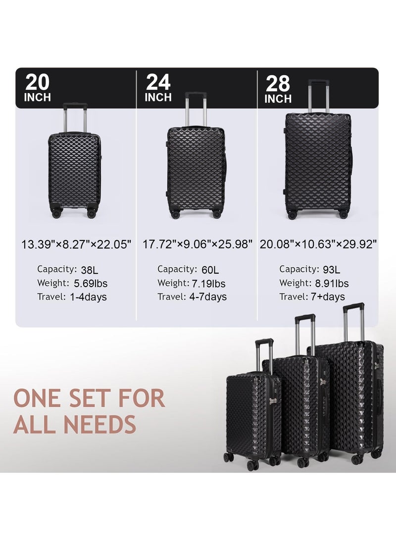 تِيلَت مجموعة الأمتعة من 3 قطع (20/24/28)" حقائب ذات عجلات عالمية PC+ABS حقيبة صلبة صلبة سوداء - Image 2