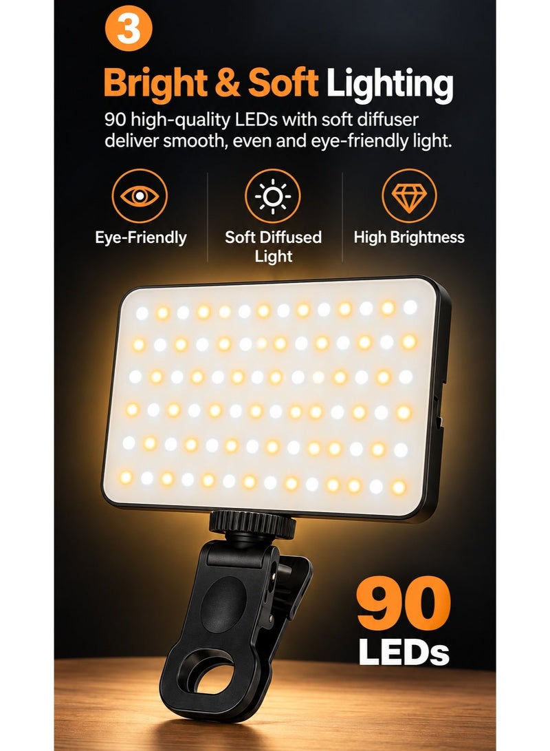 بلوكاما إضاءة هاتف محمول 90 LED مع موزع ضوء ناعم وحامل، إضاءة سيلفي مغناطيسية محمولة قابلة لإعادة الشحن مع مشبك، درجة حرارة لون قابلة للتعديل 2500K–6600K، بطارية 2000mAh، RA95+، فتحة تثبيت عالمية 1/4 بوصة، زاوية قابلة للتعديل لتسجيل الفيديو والتصوير والكاميرات والأجهزة اللوحية ومكالمات زووم، أسود - Image 4