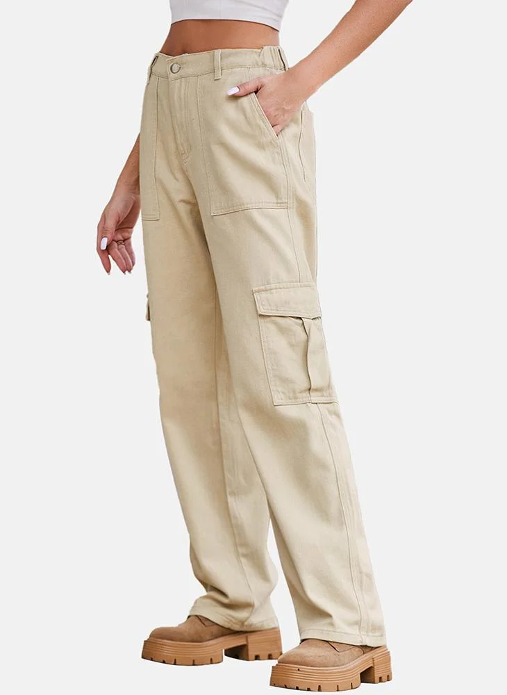 YUNIQEE Beige Regular Fit Mid Rise Plain Cargo Pant