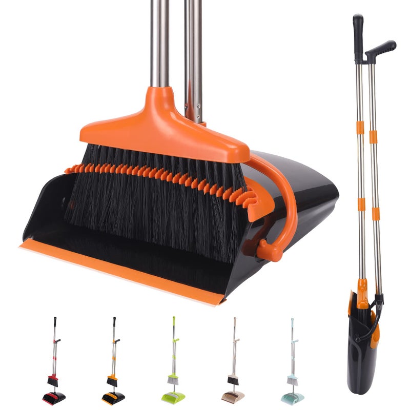XXFLOURE BROOM و DUSPAN مع مقبض طويل خفيفة الوزن الأعمدة الفولاذ المقاوم للصدأ مقاوم القائمة قفصات منتصبة مع التحرير والسرد المكنسة للمكتب المطبخ المنزل كلب الشعر الأسود والبرتقالي.