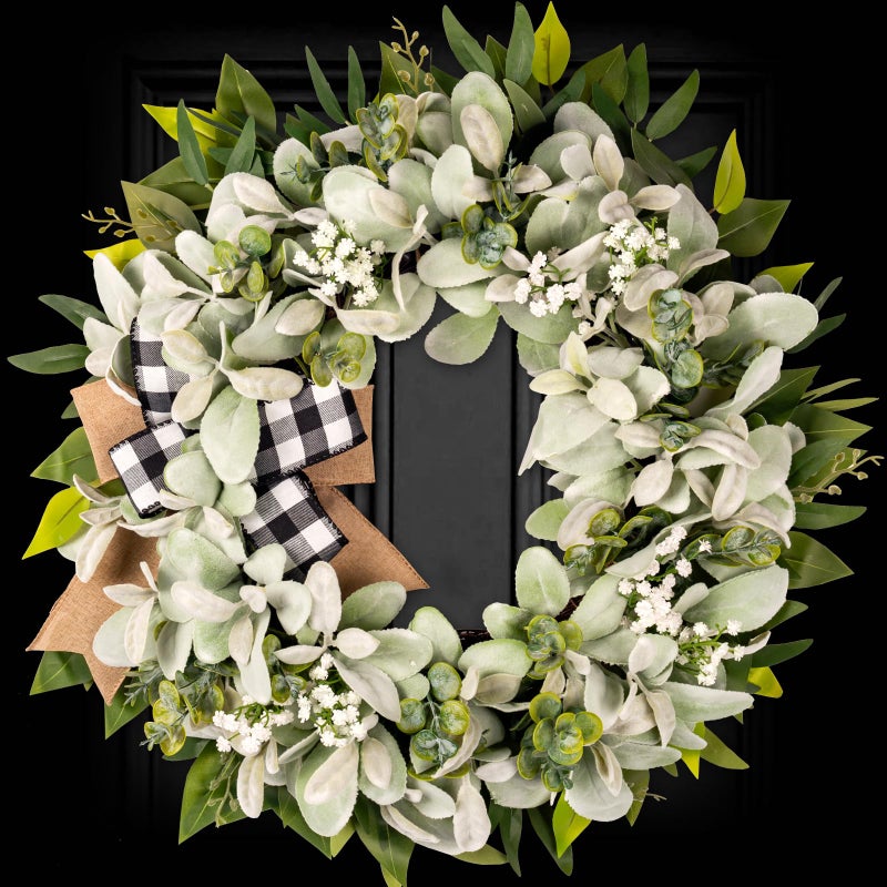 soosubel Lambs Ear Front Door Wreath Year Round, 20" Handmade Farmhouse Wreath for Porch Wall Outdoor Indoor, Green Spring Summer Eucalyptus Wreath for Home Decorations - Image 1