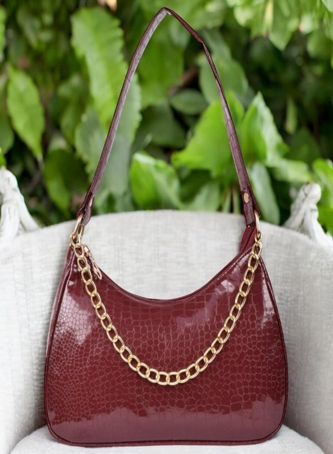 ANESHA Dumpling Shape Mini Tote Handbag Trendy Striped Shopper Bag with Chic Appeal (11 x 6.5 x 2.5 Inches) Pack of 1 MAROON - Image 4