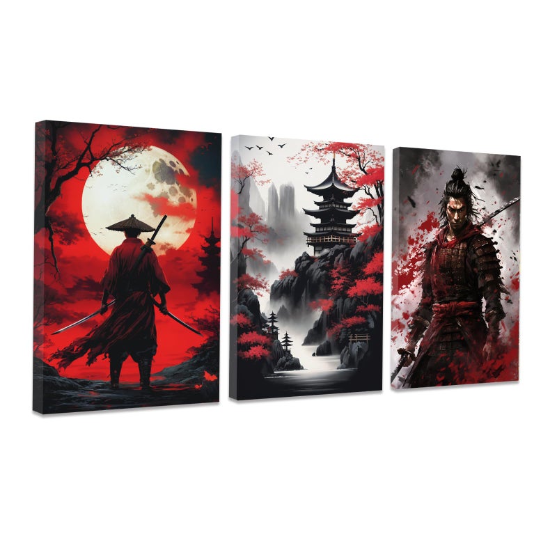 CCWACPP 3 Piece Samurai Wall Art Japan Painting Canvas Print Warrior Figure Pictures Bushido Posters Japanese Culture Theme Artwork Home Room Decor Framed D 12x16x3 - Image 2