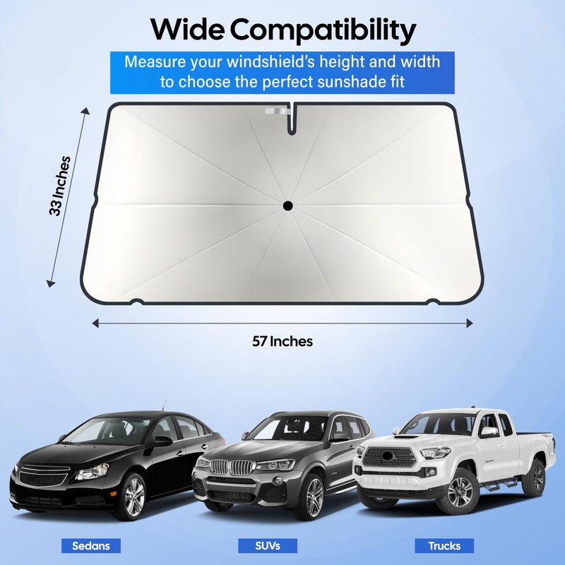 Econour Windshield Sun Shade Umbrella for Car | Medium Foldable Car Sunshade | UV & Heat Protection Front Window Sun Shield, Keeps Interior Cool, Fits Sedans SUVs & Trucks (57â€ x 33â€) - Image 3