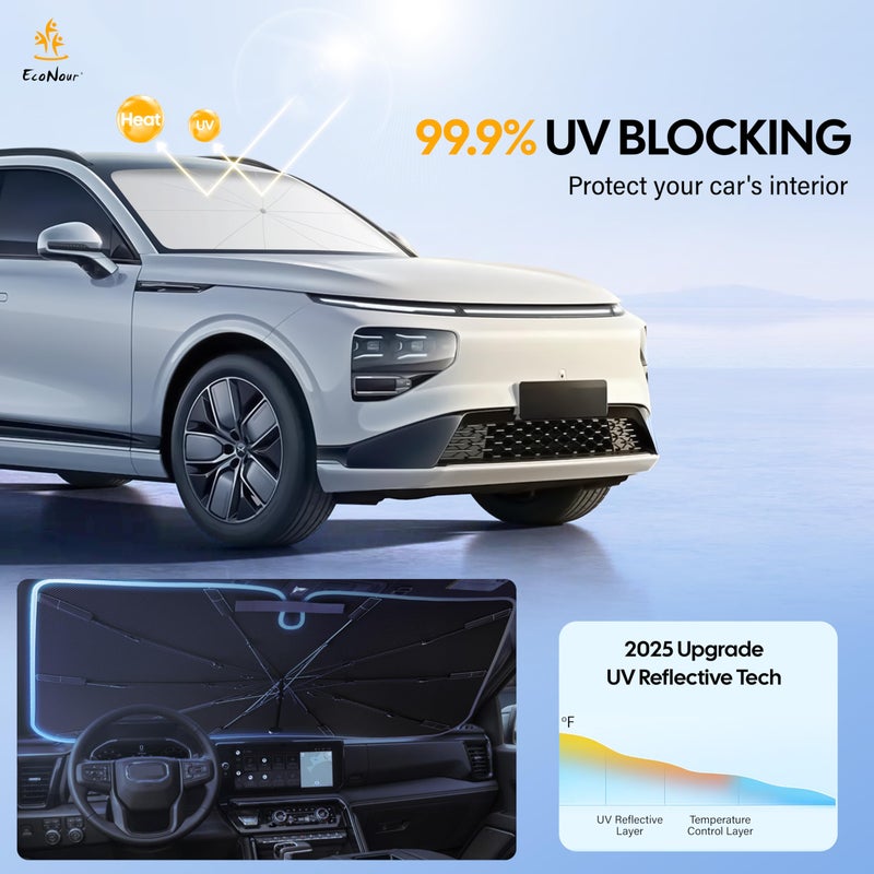 Econour Windshield Sun Shade Umbrella for Car | Medium Foldable Car Sunshade | UV & Heat Protection Front Window Sun Shield, Keeps Interior Cool, Fits Sedans SUVs & Trucks (57â€ x 33â€) - Image 2