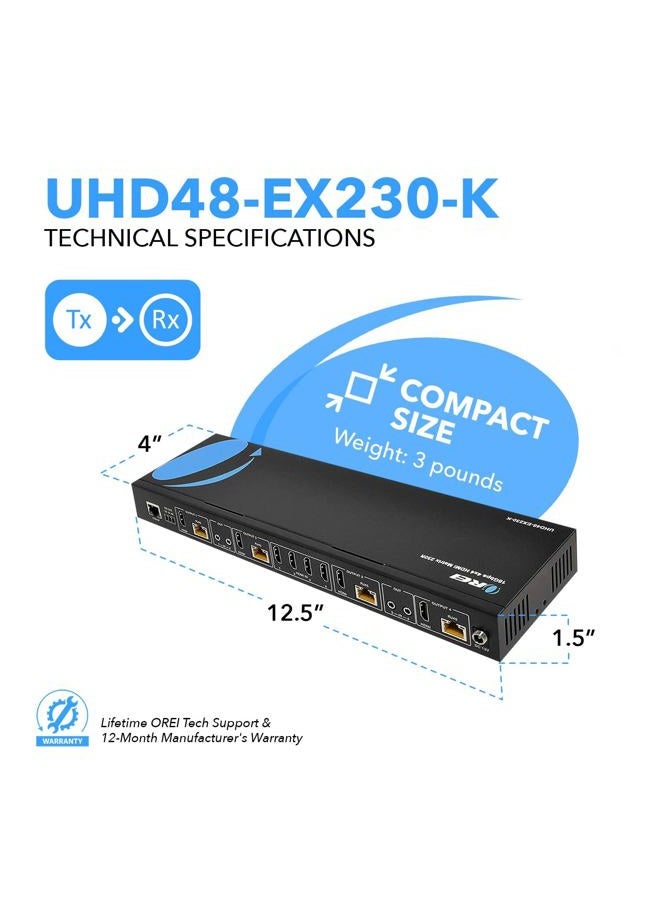 OREI 4K 4x4 HDMI Extender Matrix - UltraHD 4K @ 60Hz 4:4:4 Over Single CAT5e/6/7 Cable with HDR Switcher & IR Control, RS-232 - Up to 230 Ft - 1080P Downscale - 4 x Loop Out - 4 Receivers Included - Image 5