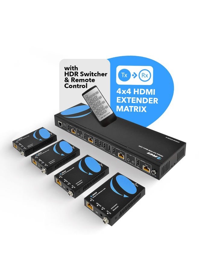 OREI 4K 4x4 HDMI Extender Matrix - UltraHD 4K @ 60Hz 4:4:4 Over Single CAT5e/6/7 Cable with HDR Switcher & IR Control, RS-232 - Up to 230 Ft - 1080P Downscale - 4 x Loop Out - 4 Receivers Included - Image 2