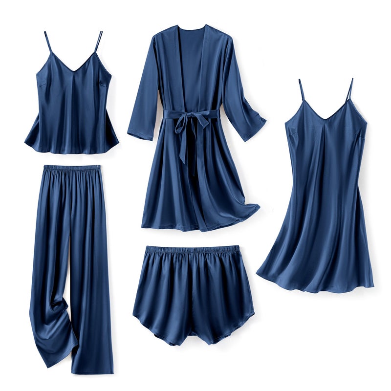 SAPJON Silk Pajamas for Women 5Pcs Sleepwear Loungewear Satin Robe Cami Shorts Pj Set Navy - Image 1