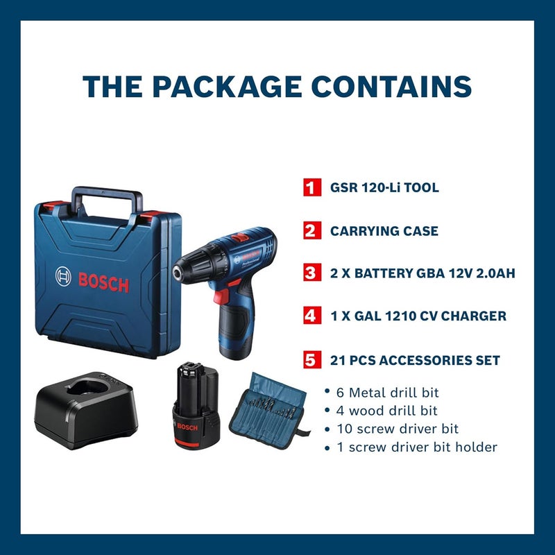 BOSCH BOSCH GSR 120Li Professional 12V Cordless Drill Driver Kit 10mm Chuck Size Noload Speed 1st2nd 040001500 RPM Torque HardSoft 3014 Nm 2 Batteries Included 1 Yr Warranty  - Image 2