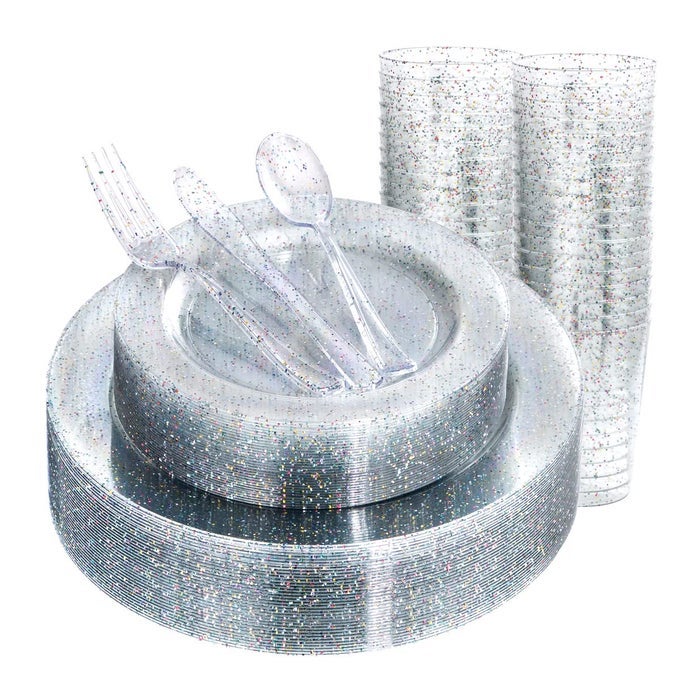 180PCS GLITTER PLASTIC PLATES WITH GLITTER DISPOSABLE SILVERWARE CLEAR GLITTER PLATES FOR 30 GUESTS INCLUDE 30DINNER PLATOS 30DESSERT PLATOS 90CUTLERYS 30CUPS FOR PARTY
