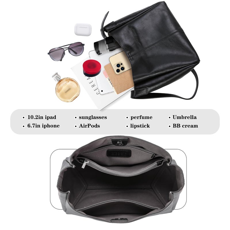 HESHE Soft Genuine Leather Purses for Women Satchel Bag Hobo Crossbody Bags Work Tote Bag Top Handle Handbag Crossbody Purse(Black) - Image 5