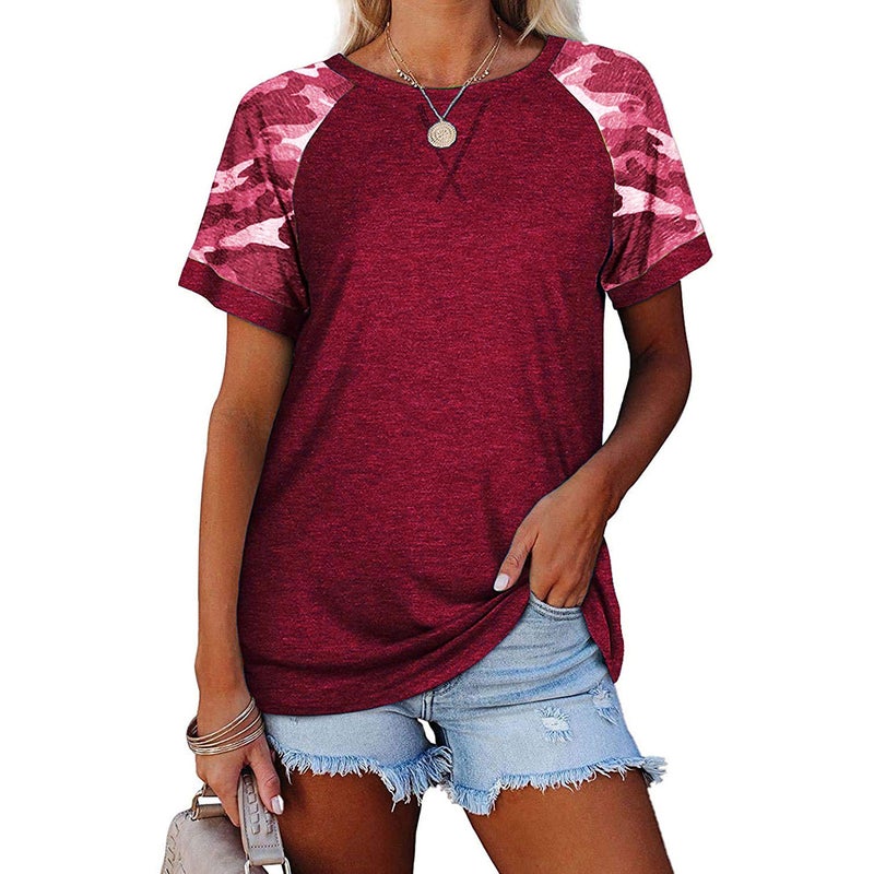 2022 summer new European and American cross-border women's clothing hot camouflage printing round neck short-sleeved T-shirt top women Navy blue L - Image 4