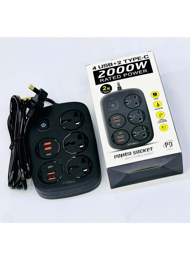 JAJEEK British Standard Power Strip – 4 USB + 2 Type-C Ports, 2500W, Color-Changing LED Ring, Total Power Control, Black  - Image 2