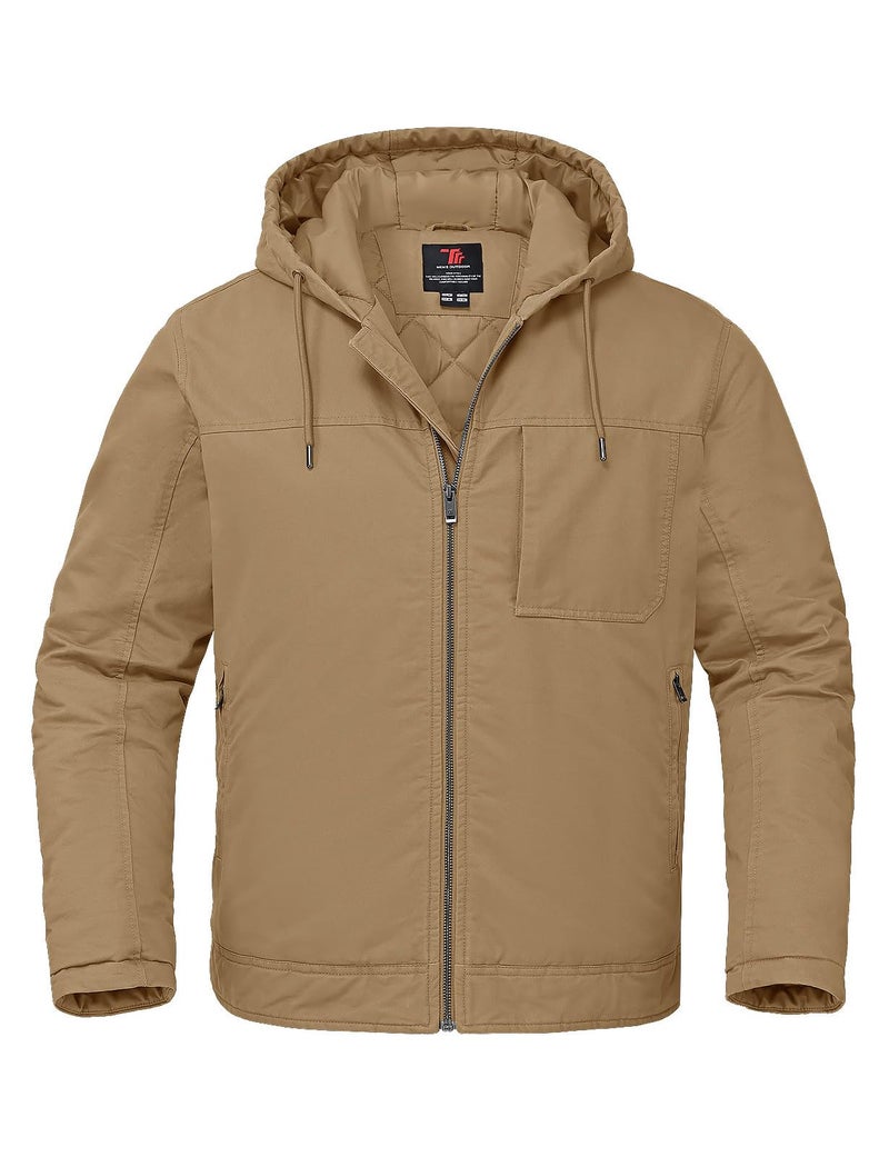 Rdruko Mens Winter Work Jackets Hooded Quilted Cotton Wram Coat Utility 4 Pockets Workwear Khaki XL - Image 2