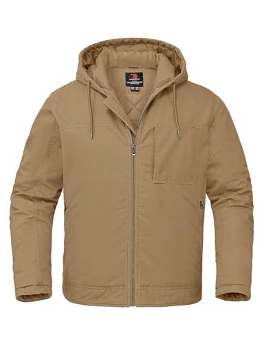 Rdruko Mens Winter Work Jackets Hooded Quilted Cotton Wram Coat Utility 4 Pockets Workwear Khaki XL - Image 1