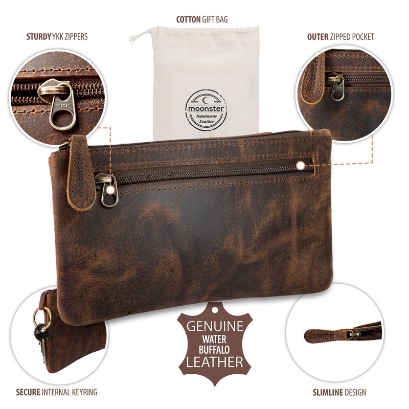 moonster Leather Pencil Case Pouch 8" x 4" - Leather Pen Case with Zipper - Image 4
