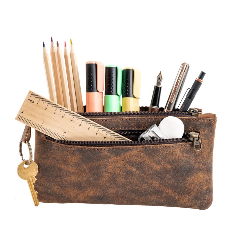 moonster Leather Pencil Case Pouch 8" x 4" - Leather Pen Case with Zipper - Image 1