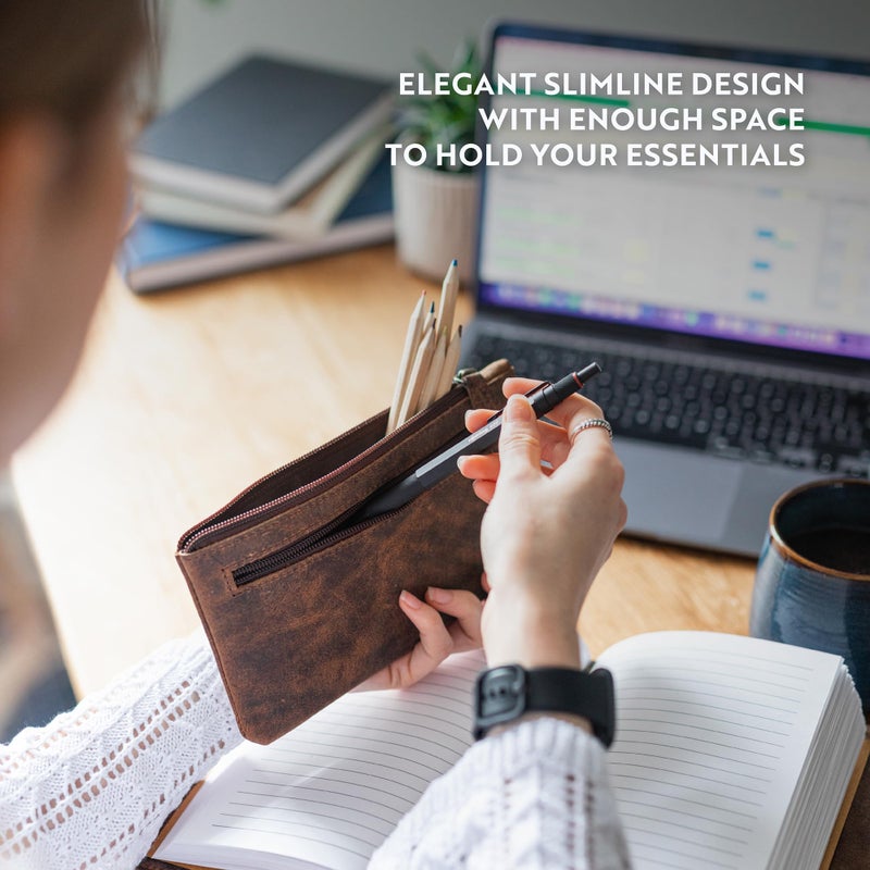 moonster Leather Pencil Case Pouch 8" x 4" - Leather Pen Case with Zipper - Image 2