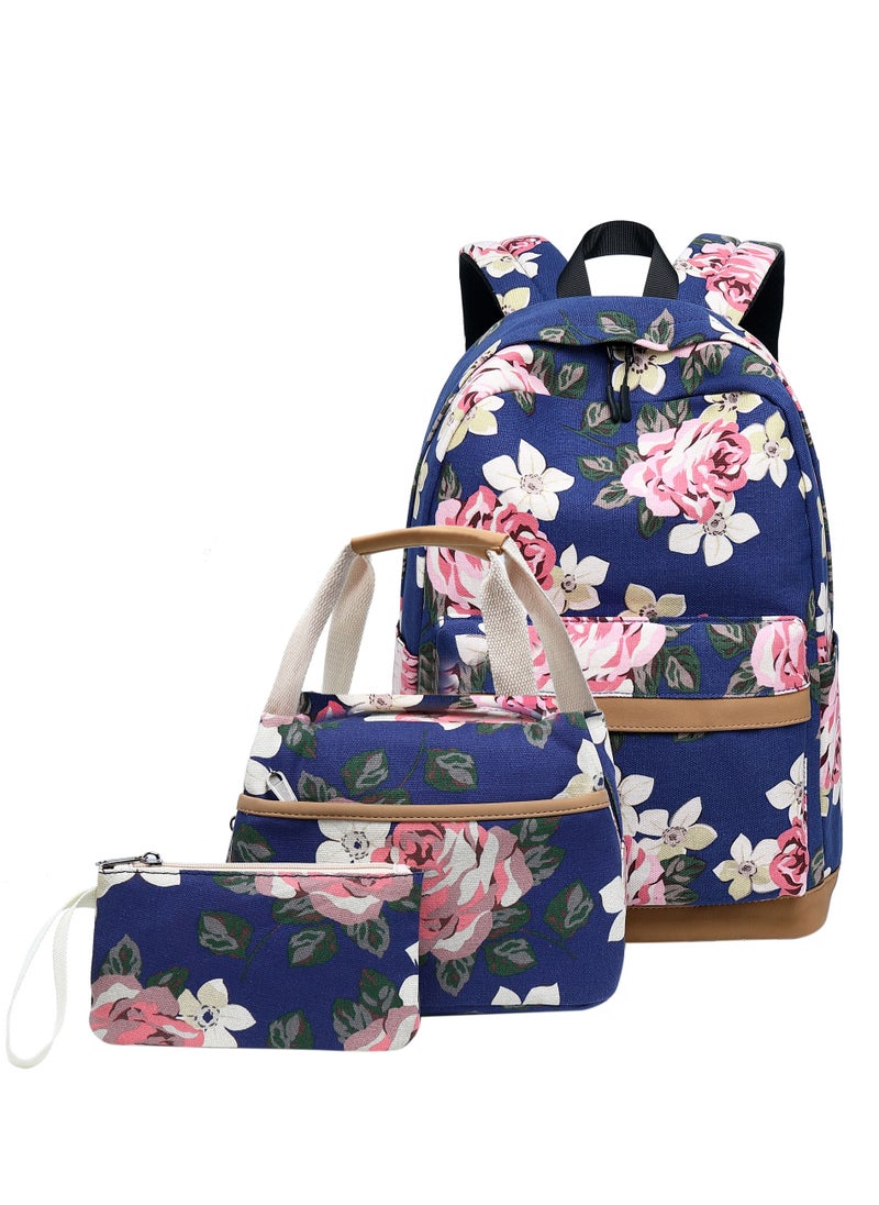 Loquat - Printed Schoolbag Fashionable Three-Piece Backpack For Girls Dark Blue - Image 1