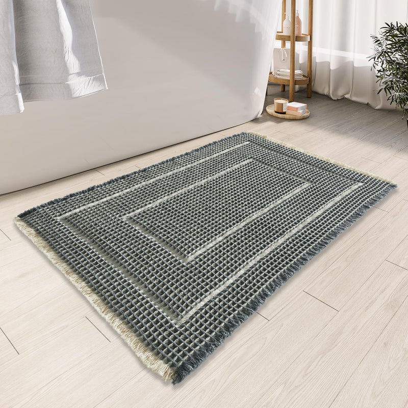 BULULOM Bath Boho Floor Mat,Waffle Bath Rug,Super Absorbent Bathroom Mat,Bath Rugs Non Slip Washable, Quick Dry Shower Mats, Ultra Soft Bath Mat Towel,Bluish Grey & Yellow,18"*30" - Image 1