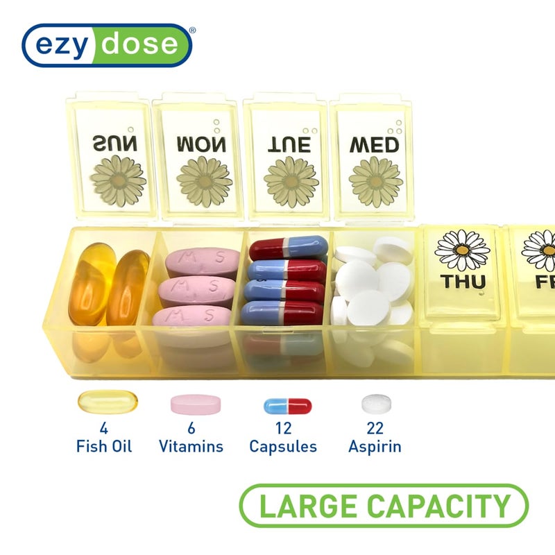 EZY DOSE Weekly (7-Day) Daily Pill Case, Medicine Planner, Vitamin Organizer, Supplement Container, Large Compartments, Yellow Daisy Days Design, Easy-to-Open, Travel-Friendly, BPA Free - Image 2