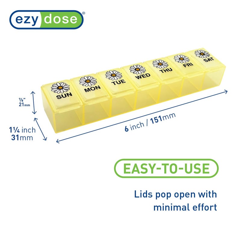 EZY DOSE Weekly (7-Day) Daily Pill Case, Medicine Planner, Vitamin Organizer, Supplement Container, Large Compartments, Yellow Daisy Days Design, Easy-to-Open, Travel-Friendly, BPA Free - Image 3