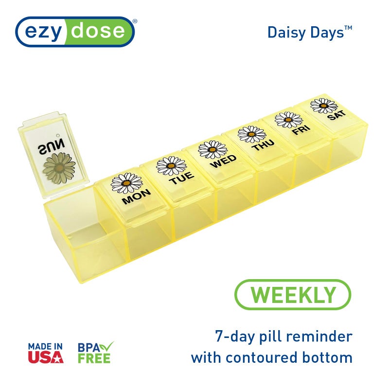 EZY DOSE Weekly (7-Day) Daily Pill Case, Medicine Planner, Vitamin Organizer, Supplement Container, Large Compartments, Yellow Daisy Days Design, Easy-to-Open, Travel-Friendly, BPA Free - Image 4