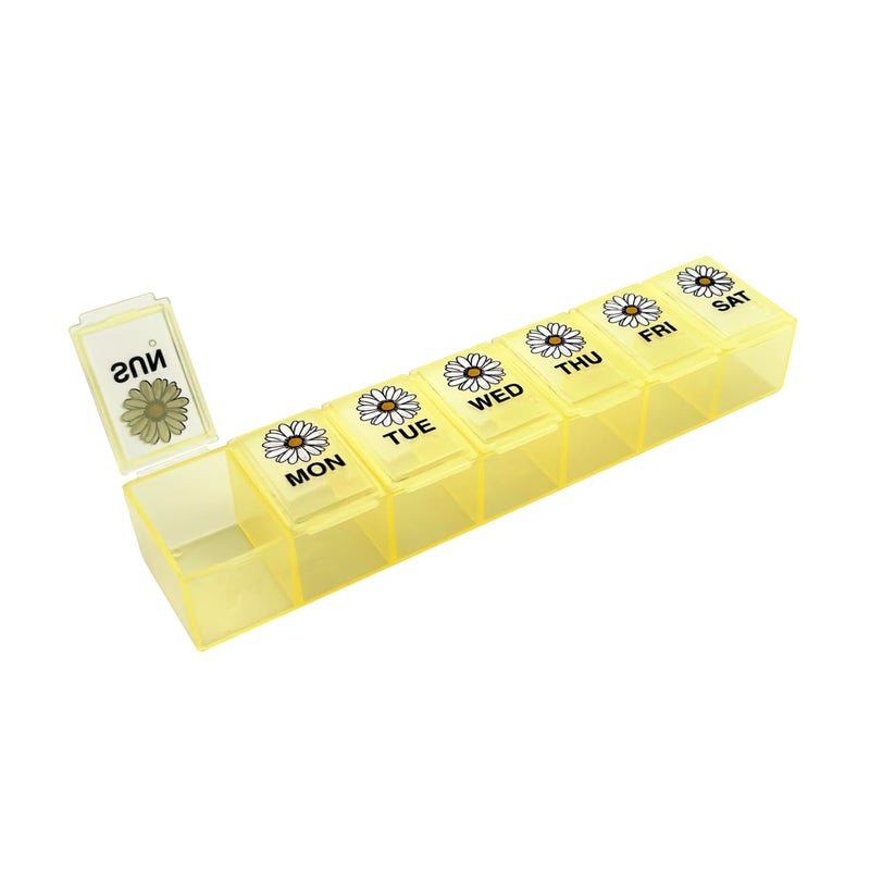 EZY DOSE Weekly (7-Day) Daily Pill Case, Medicine Planner, Vitamin Organizer, Supplement Container, Large Compartments, Yellow Daisy Days Design, Easy-to-Open, Travel-Friendly, BPA Free - Image 1