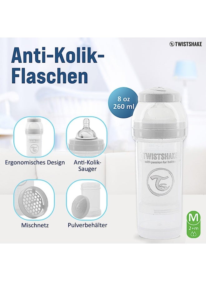 Twistshake Anti-Colic Baby Bottle with Milk Powder Container and Mixer - 260ml | Medium Flow Silicone Breast-Like Nipple | BPA- Free | Suitable for 2+ Month | White - Image 3