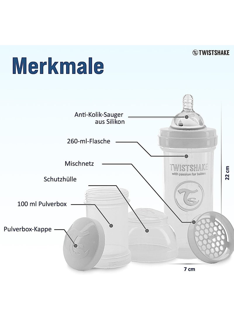 Twistshake Anti-Colic Baby Bottle with Milk Powder Container and Mixer - 260ml | Medium Flow Silicone Breast-Like Nipple | BPA- Free | Suitable for 2+ Month | White - Image 2