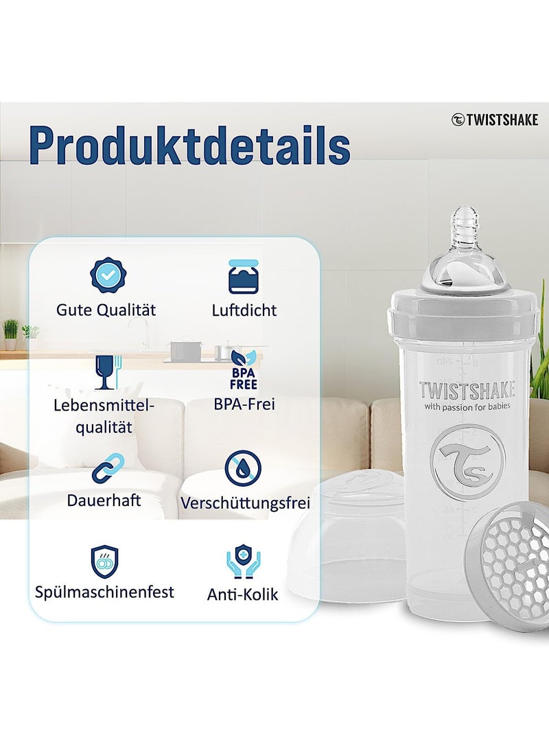 Twistshake Anti-Colic Baby Bottle with Milk Powder Container and Mixer - 260ml | Medium Flow Silicone Breast-Like Nipple | BPA- Free | Suitable for 2+ Month | White - Image 4