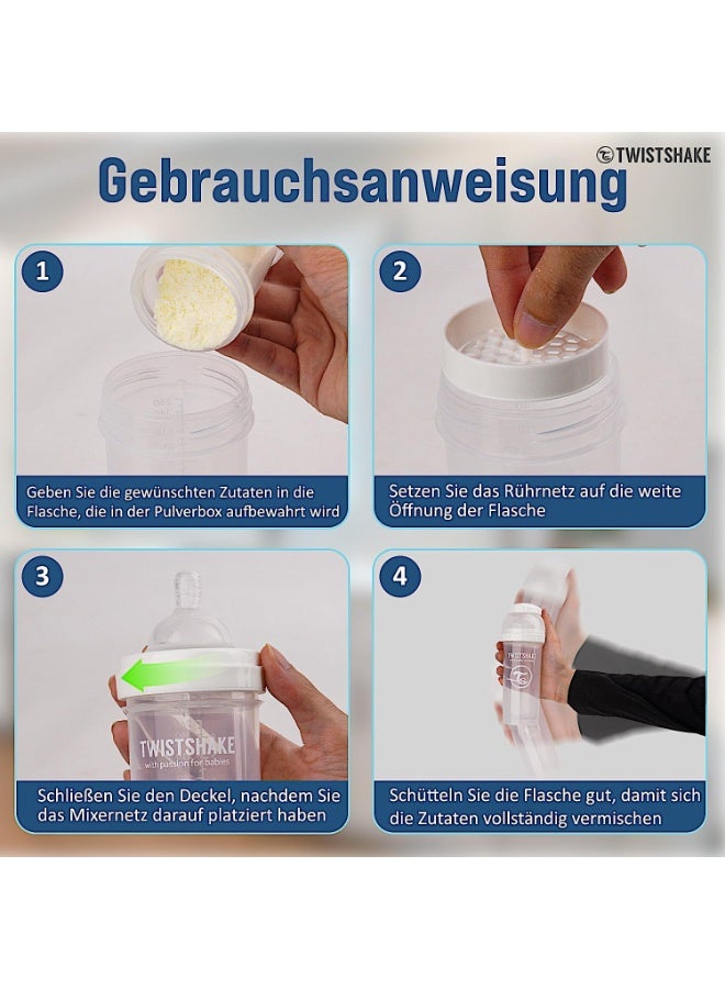 Twistshake Anti-Colic Baby Bottle with Milk Powder Container and Mixer - 260ml | Medium Flow Silicone Breast-Like Nipple | BPA- Free | Suitable for 2+ Month | White - Image 5