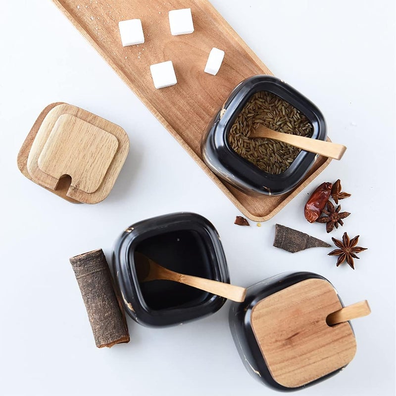 JFFLYIT 3 Pcs Porcelain Condiment Jar Pot Spice Container Ceramic Seasoning Jar with Lid Spoon and Tray Great for Home Kitchen Counter, Black - Image 5
